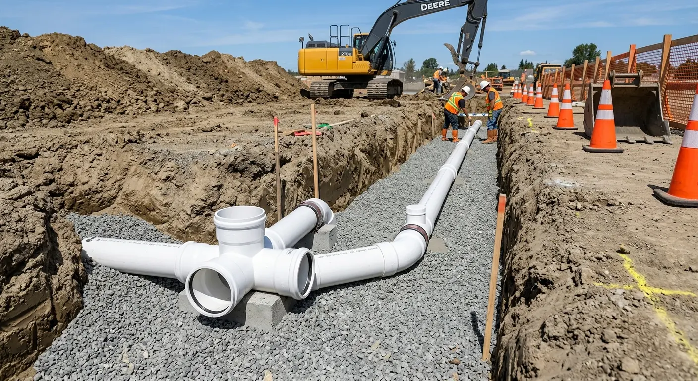 New PVC sewer pipe installation in open trench for Sewer Backup in Isla Vista