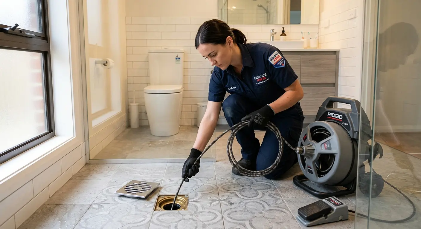 Technician clearing a bathroom floor drain for Drain Cleaning in Isla Vista